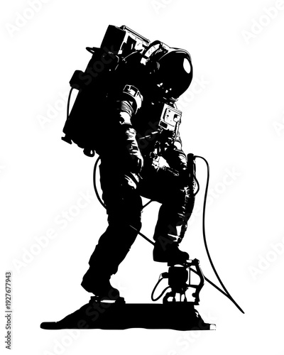 Space miner in a bulky suit drilling into a dark asteroid surface, vector graphic