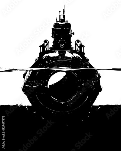 Submarine with a heavy porthole looking into dark murky water, vector illustration