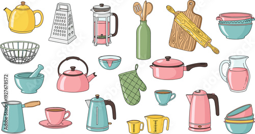 Hand Drawn Kitchen Utensils and Cookware Collection with Teapot Kettle Saucepan Rolling Pin and Baking Tools Vector Illustration Set