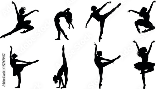 Collection of elegant female ballet dancer silhouettes in dynamic poses, high quality vector illustrations for artistic dance studio design projects.