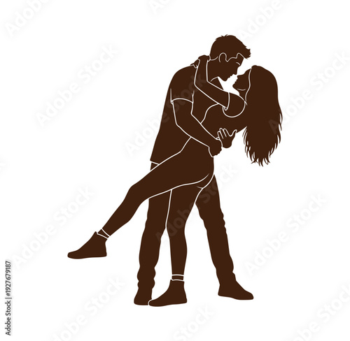 Brown silhouette of a man kissing a woman with long hair