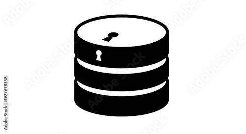 Secure database symbol with lock icon on top of a cylindrical data storage unit