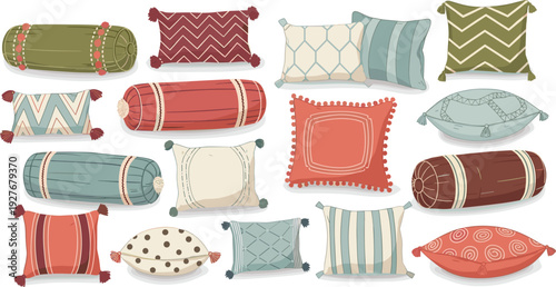 Decorative Throw Pillow Collection with Patterned Cushions and Bolster Shapes Cozy Home Decor Vector Set
