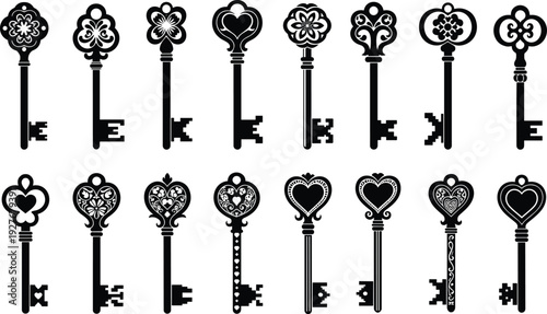 Vintage Ornamental Key Silhouette Collection with Decorative Antique Skeleton Keys and Heart Shaped Designs Vector Illustration Set