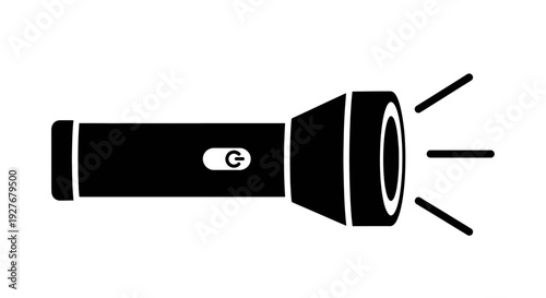 Black flashlight with focused beam of light shining brightly.