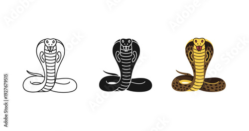 Trio of artistic cobra illustrations: black, white, and spotted snake designs