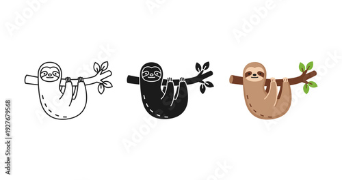 Cute sloth trio hanging on branches in monochrome and color variations