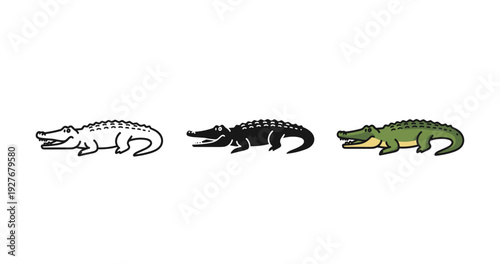 Three stylized crocodile illustrations in different colors on white background