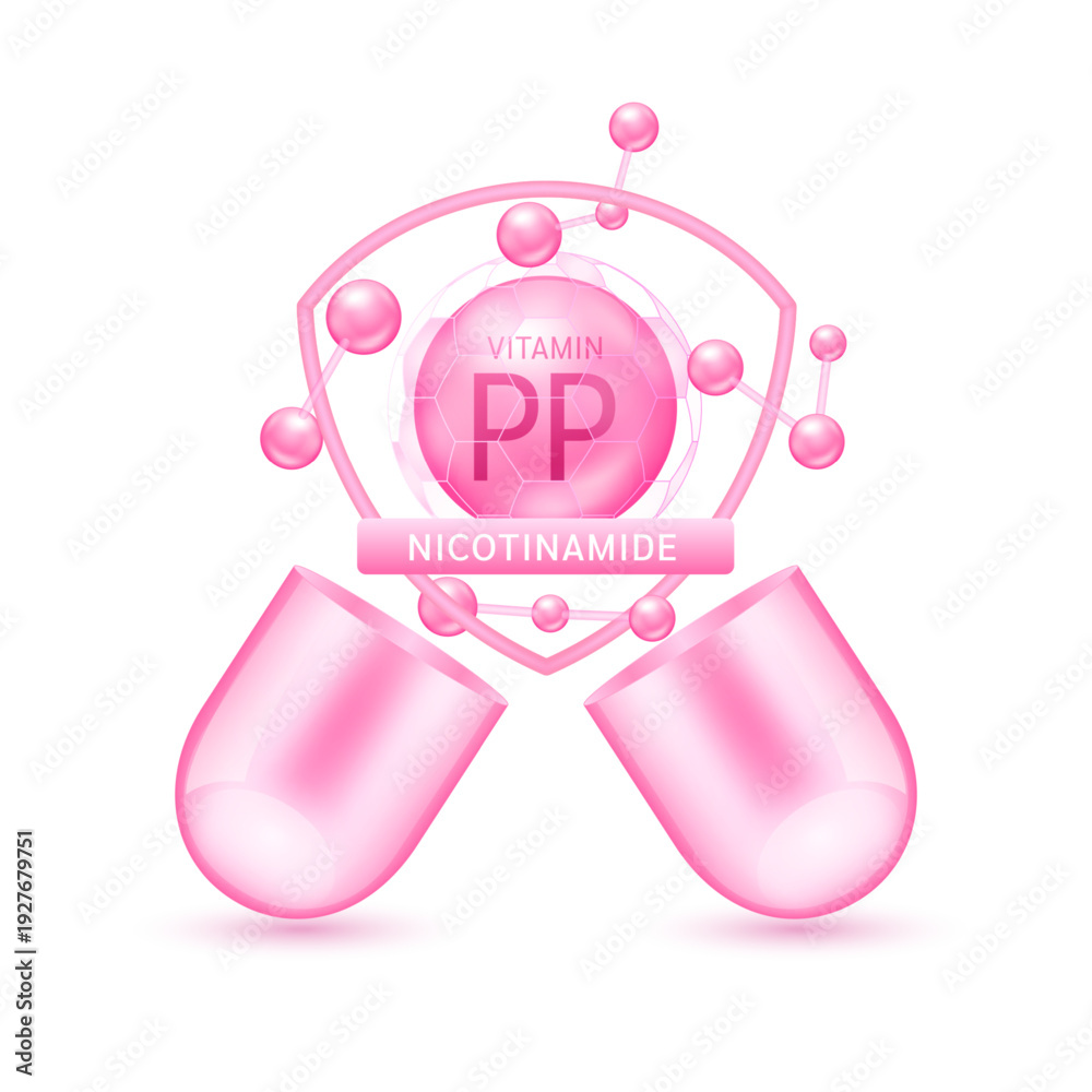 Fototapeta premium Pink vitamin PP in shield surrounded by atoms molecules float out of the open capsule on white background. Pill drug vitamins complex. For design dietary supplement products. 3D vector.