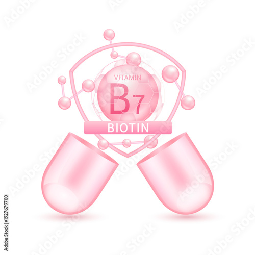 Pink biotin vitamin B7 in shield surrounded by atoms molecules float out of the open capsule on white background. Pill drug vitamins complex. For design dietary supplement products. 3D vector.