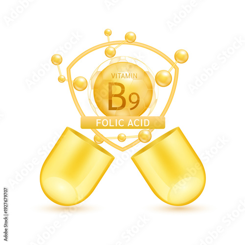 Orange folic acid vitamin B9 in shield surrounded by atoms molecules float out of the open capsule on white background. Pill drug vitamins complex. For design dietary supplement products. 3D vector.