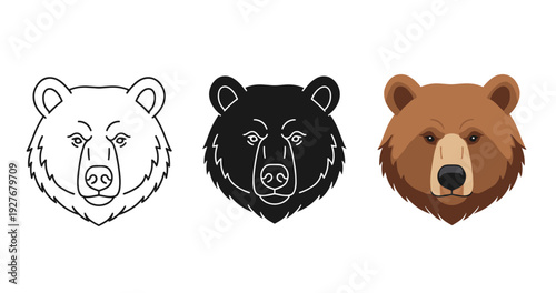 Bear face icons: outline, silhouette, and colored illustration