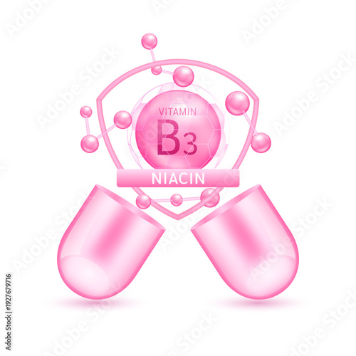 Pink niacin vitamin B3 in shield surrounded by atoms molecules float out of the open capsule on white background. Pill drug vitamins complex. For design dietary supplement products. 3D vector.