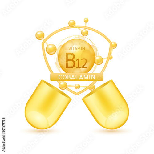 Orange cobalamin vitamin B12 in shield surrounded by atoms molecules float out of the open capsule on white background. Pill drug vitamins complex. For design dietary supplement products. 3D vector.
