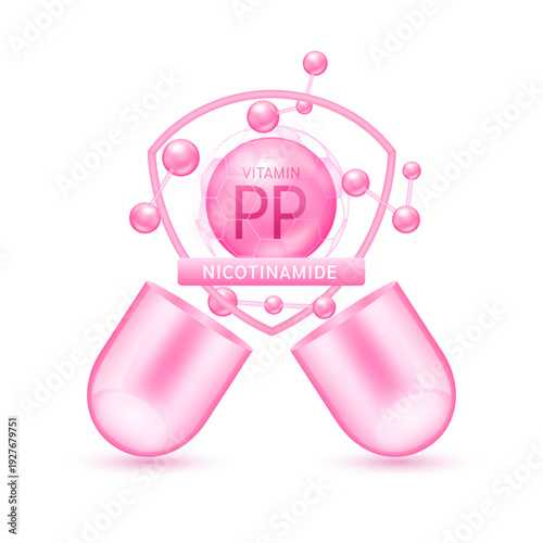 Pink vitamin PP in shield surrounded by atoms molecules float out of the open capsule on white background. Pill drug vitamins complex. For design dietary supplement products. 3D vector.