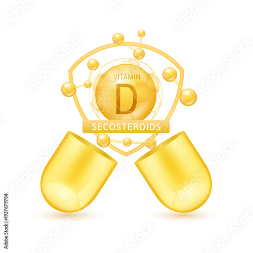 Orange cobalamin vitamin D in shield surrounded by atoms molecules float out of the open capsule on white background. Pill drug vitamins complex. For design dietary supplement products. 3D vector.