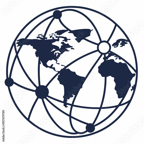 A blue and white graphic of the earth with lines connecting major cities