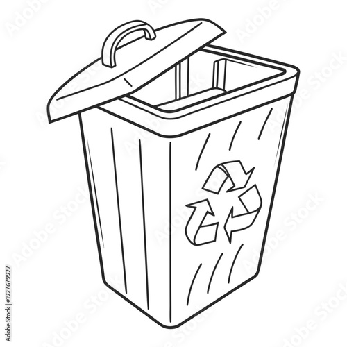 A recycling bin with a lid is shown