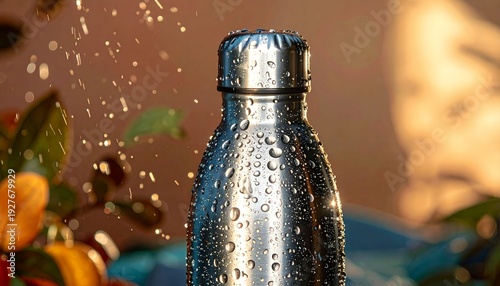 Hydration on the go a stainless steel water bottle glistening with condensation
