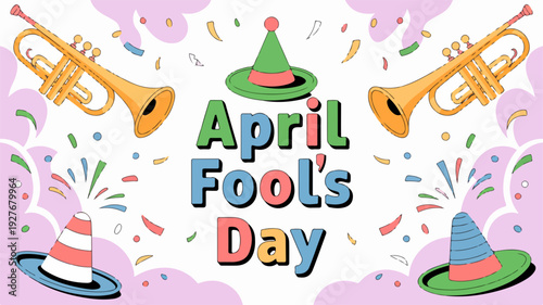 Colorful April Fools Day Celebration with Party Hats and Confetti