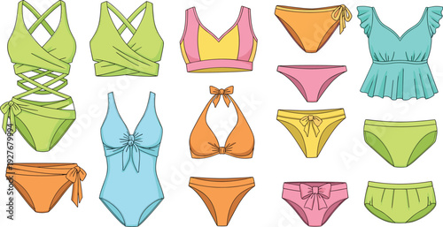 Colorful Women Swimwear Collection with Bikini Sets One Piece Swimsuits and Summer Beach Fashion Vector Illustration Isolated on White Background