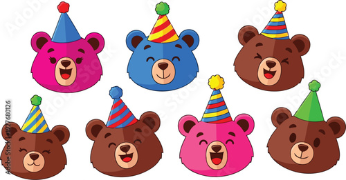 Colorful cartoon teddy bear heads with party hats