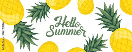 Hello Summer banner with juicy pineapples. For a cheerful and fresh seasonal design