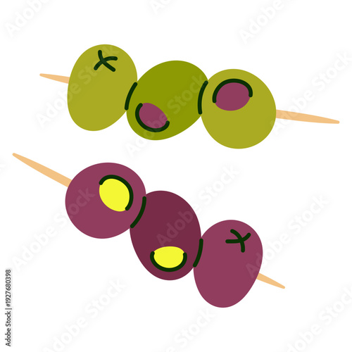 Two Skewers with Green and Black Olives Appetizer. Mediterranean food vector illustration