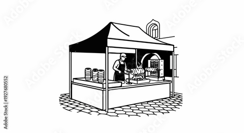 A vendor prepares food at an outdoor market stand with a rotating spit