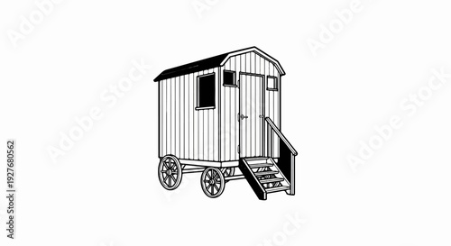 A vintage wooden wagon house with a pitched roof and steps