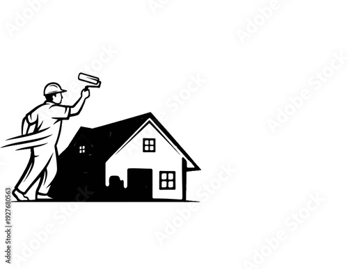 A worker paints a house with a roller, creating a dynamic visual effect