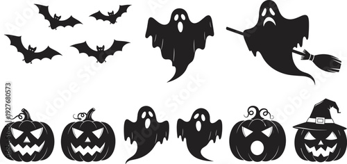 Halloween silhouette vector set with spooky ghost bat and pumpkin jack o lantern icons for holiday party decor cad drawing,