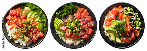 PNG Colorful fresh poke bowls assortment, transparent background
