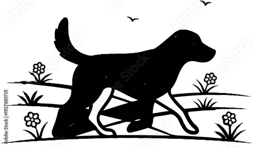 Black dog running through field with flowers and birds flying above