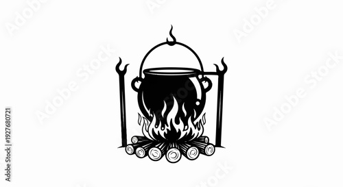 Black silhouette of a cauldron cooking over an open fire with log supports