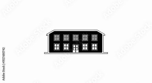 Black silhouette of a two-story building with multiple windows and a central entrance