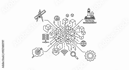 Conceptual diagram of tactical management with icons representing data, strategy, and technology