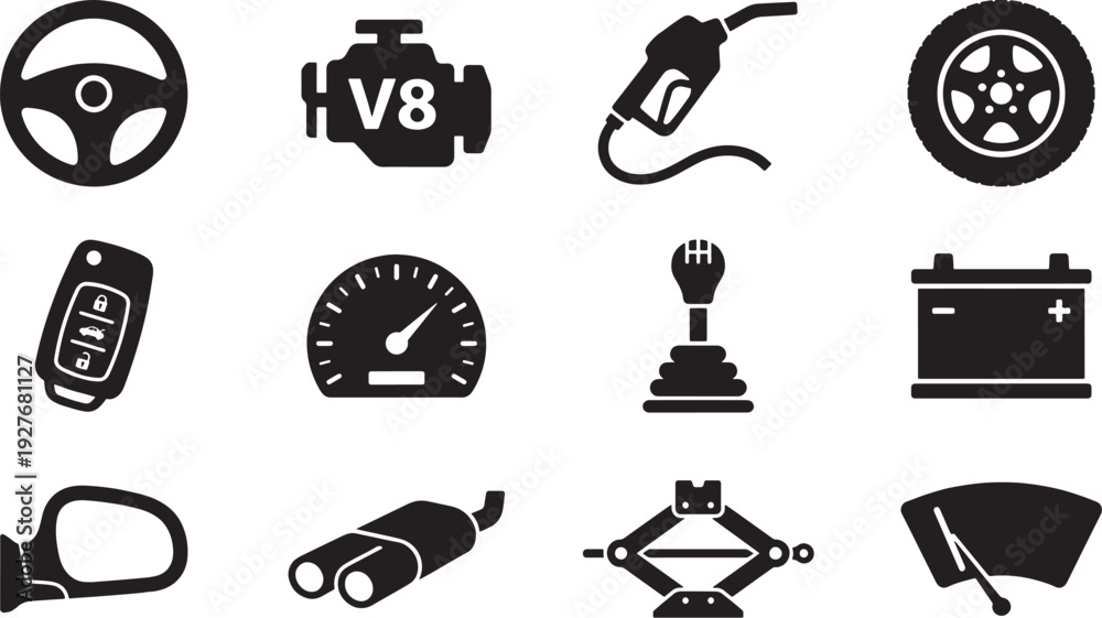 Fototapeta premium Automotive and Car Parts Solid Icons Set with Steering Wheel, Engine, Fuel, Tire, Speedometer and Tools Symbols