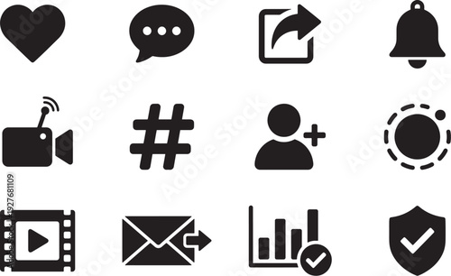 Social Media and Notification Solid Icons Set with Like, Chat, Share, Bell, Video, Hashtag, Follow and Verified Symbols