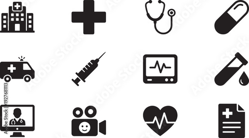 Medical and Healthcare Solid Icons Set with Hospital, Cross, Stethoscope, Ambulance, Syringe, Heart Rate and Doctor Symbols