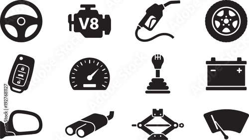 Automotive and Car Parts Solid Icons Set with Steering Wheel, Engine, Fuel, Tire, Speedometer and Tools Symbols