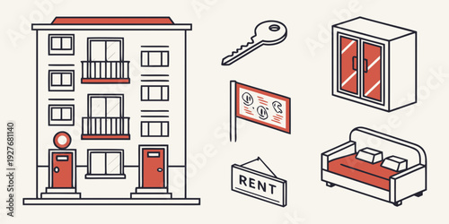Illustration of a building with various signs and symbols indicating restrictions and regulations. Vector