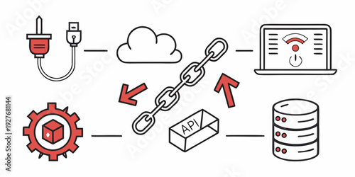 Illustration of a network infrastructure with various interconnected devices and services Vector