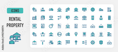 Rental property icon vector. Renovation, Bedroom, Moving Truck, Stat, Tenant, Garage, Computer, House, Judge, Duplex, House For Sale, Key, Billboard, Agreement, Apartment, Application illustration. 