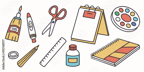 A collection of art and craft supplies neatly arranged on a white background. Vector