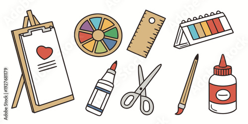 A collection of school supplies including a pencil, ruler, scissors, and more. Vector