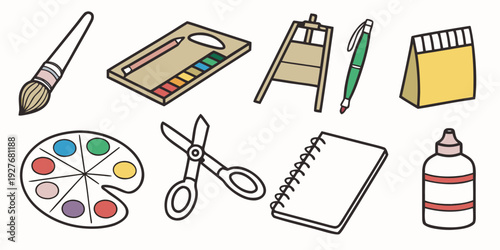 A colorful assortment of art supplies neatly arranged on a white background Vector