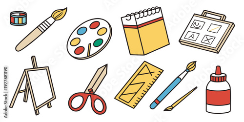 An assortment of art and school supplies neatly arranged on a white background Vector