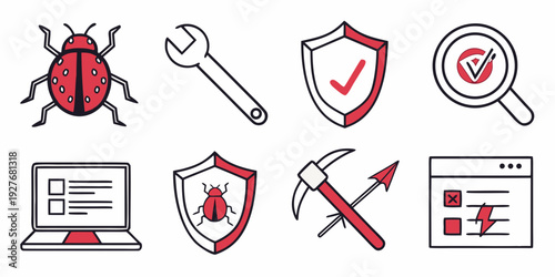 Icons representing various aspects of cybersecurity and software development. Vector