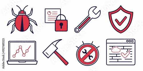 Collection of icons representing cybersecurity and software protection concepts Vector